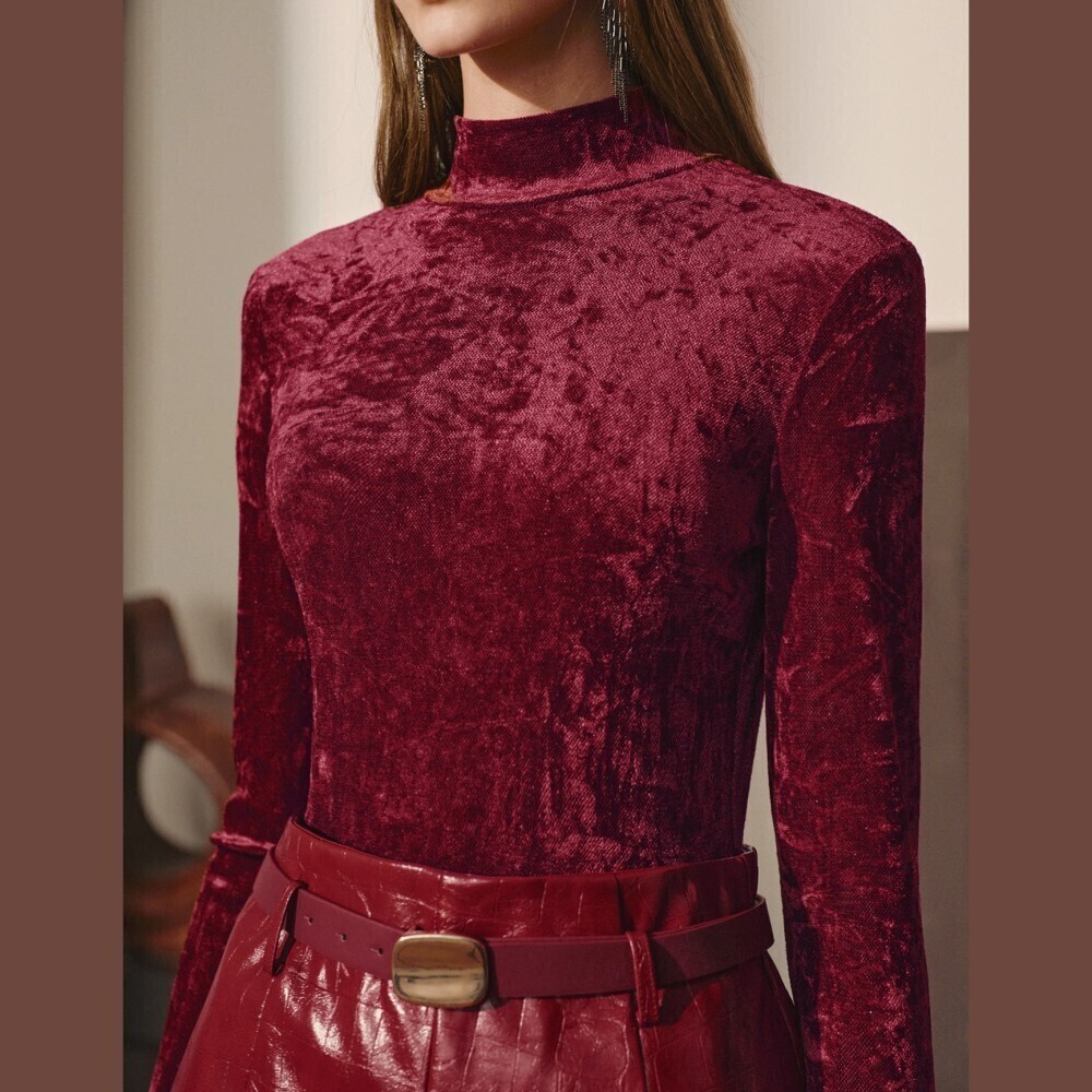 Burgundy Crushed Velvet Stand Turtleneck Collar Long Sleeve Slim Fit Tee Top